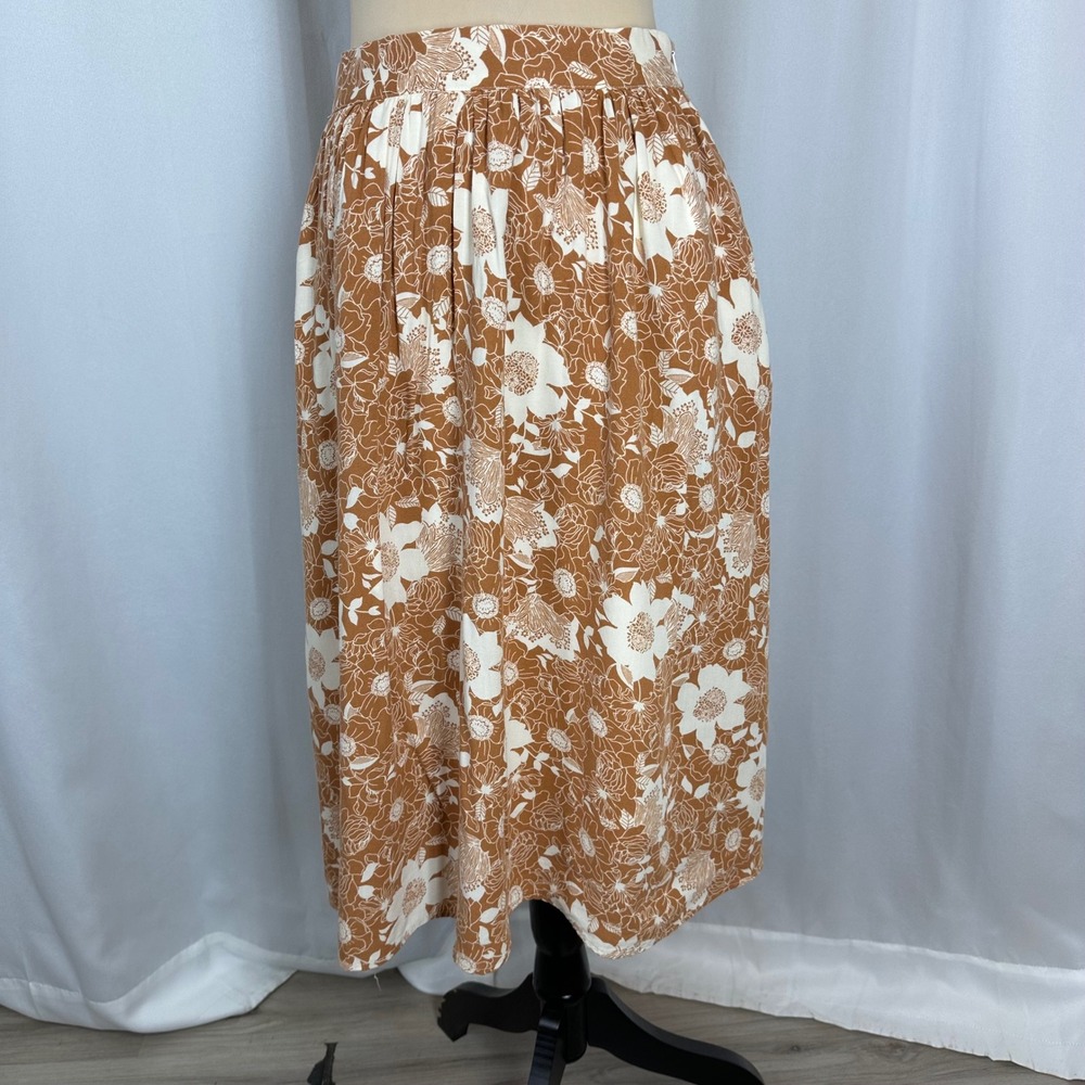 ModCloth Floral Midi Skirt Size M Brown Cream Rayon Lined Elastic Waist